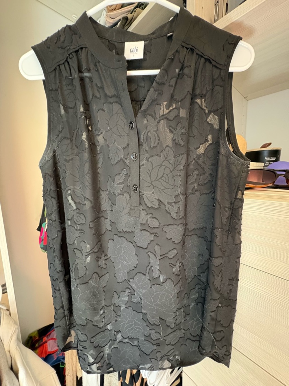 CAbi Black Sleeveless Floral Lace Camisole